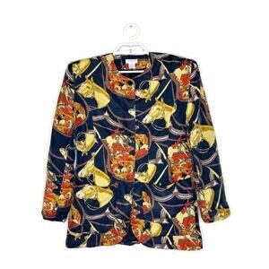 Vtg ROBERT STOCK Women's‎ 100% Silk Horse Equestrian Novelty Blazer Jacket Sz M